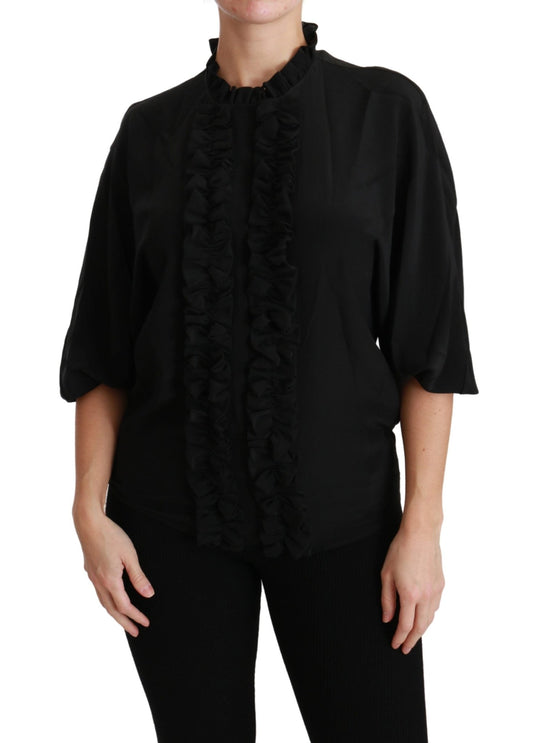Black Silk Shirt Ruffled Top Blouse - coffeewithmee2Dolce & GabbanaP2878S