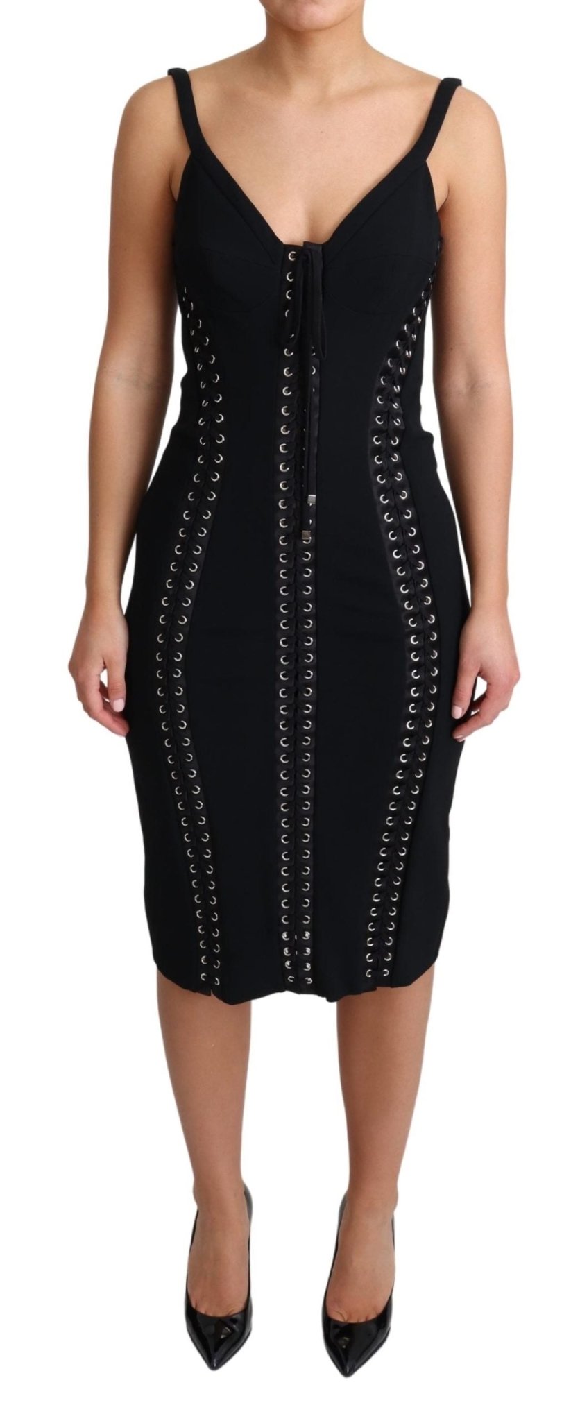 Black Slip Woven Applique Bodycon Viscose Dress - coffeewithmee2Dolce & GabbanaP4401S