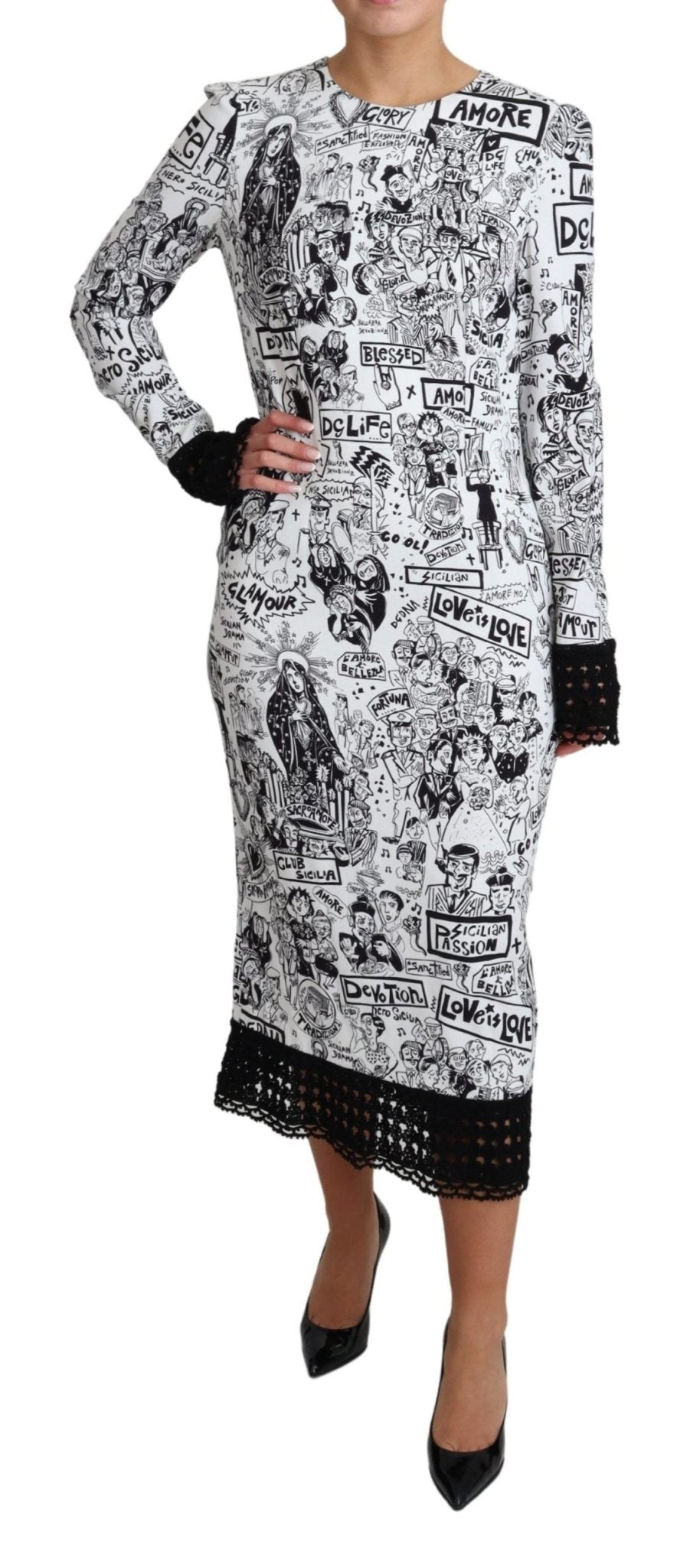 Black White Comics Print Fitted Midi Dress - coffeewithmee2Dolce & GabbanaP4477S