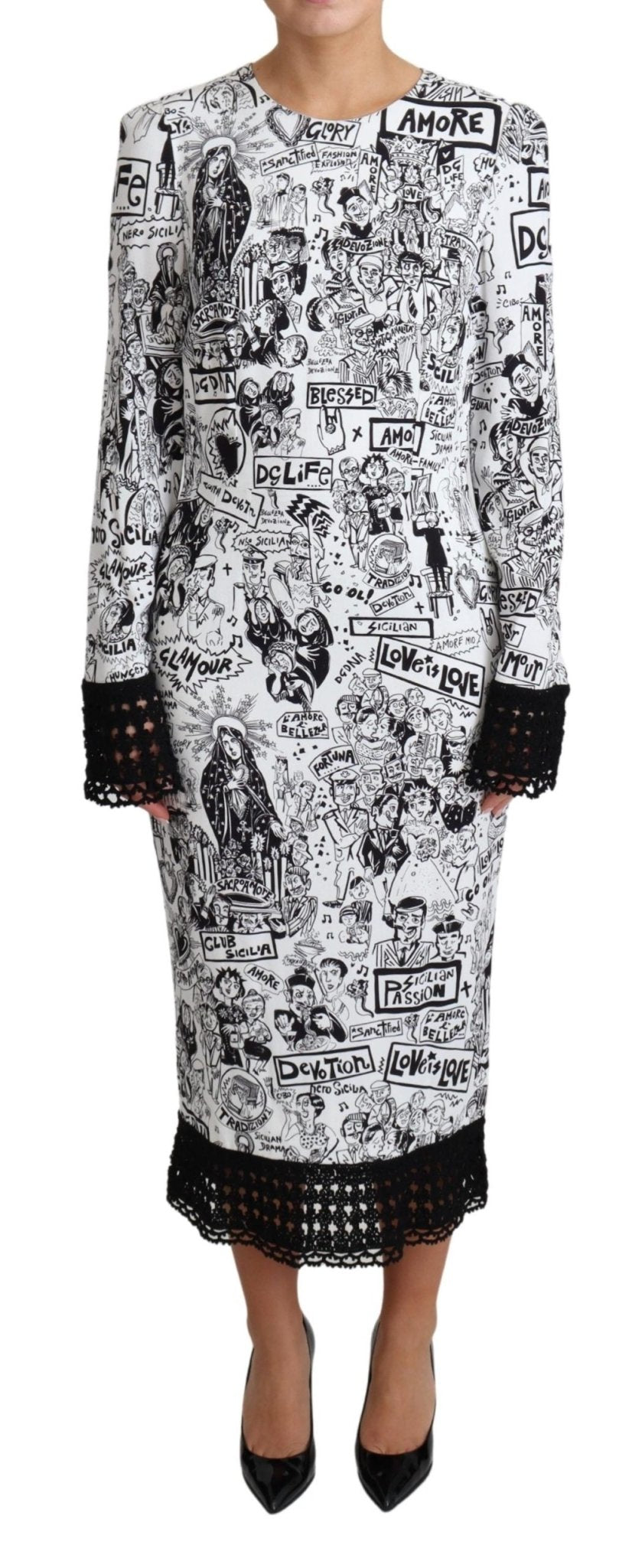 Black White Comics Print Fitted Midi Dress - coffeewithmee2Dolce & GabbanaP4477S