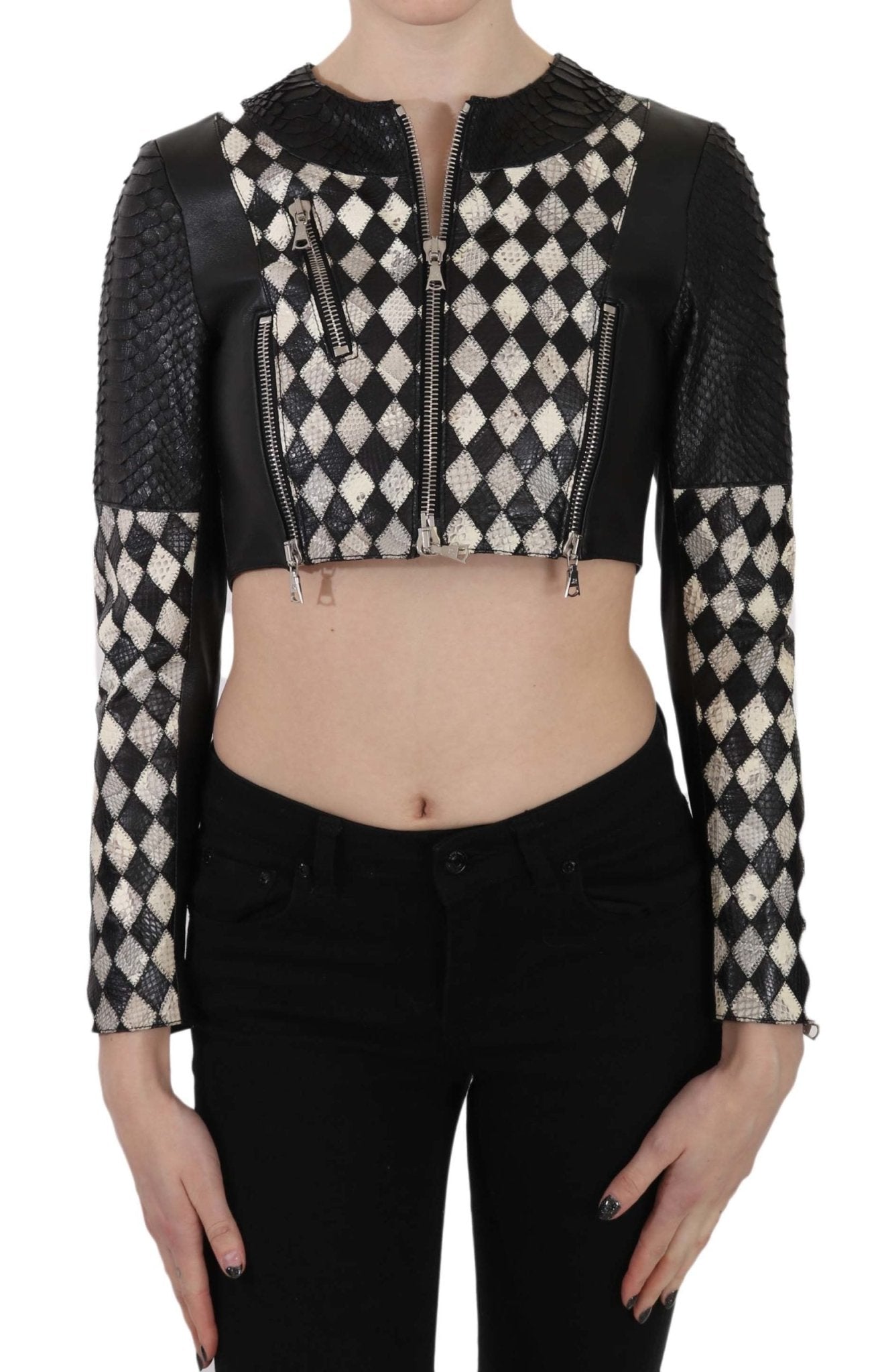 Black White Leather Short Cropped Biker Jacket Coat - coffeewithmee2John RichmondP2420S