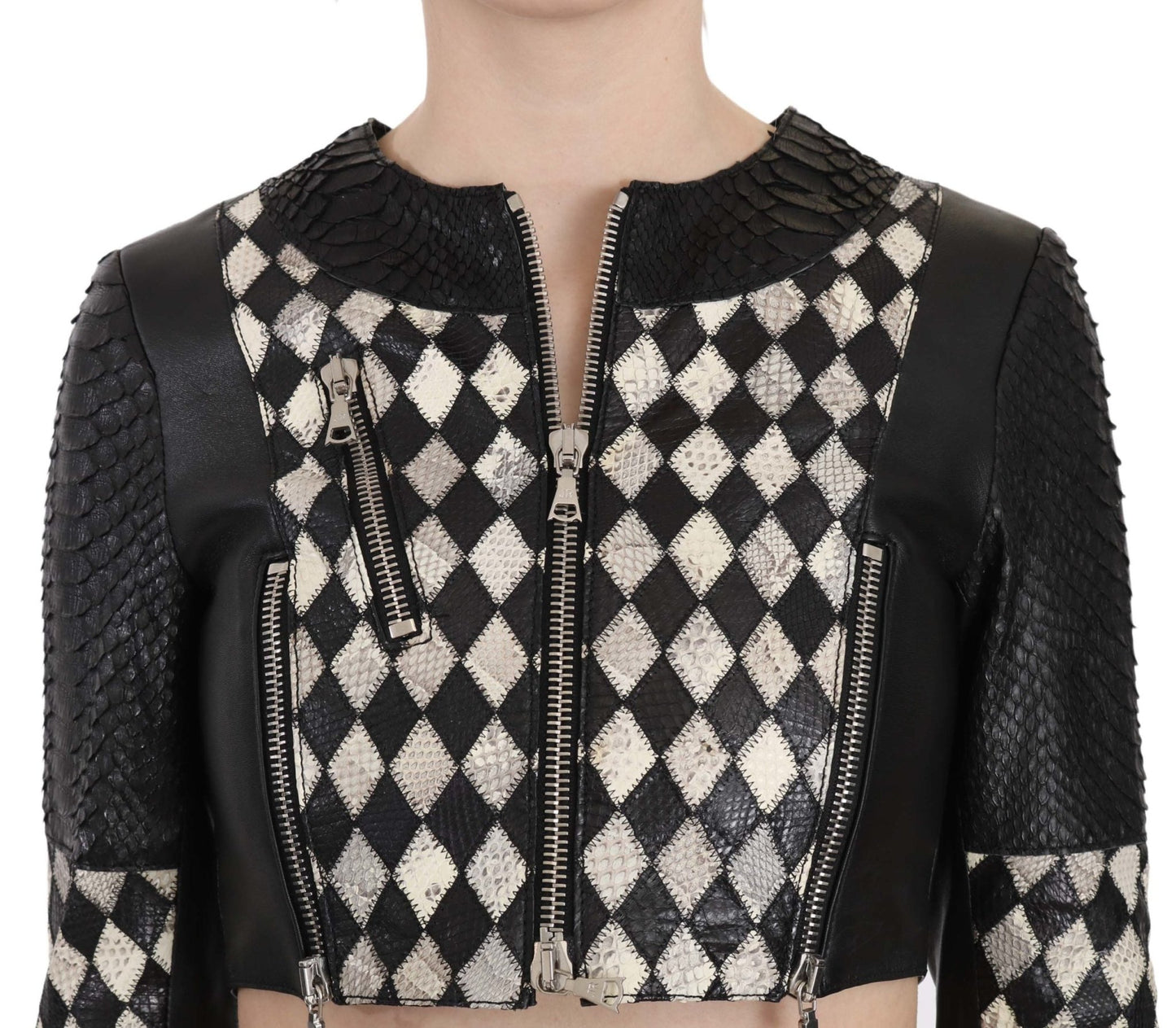 Black White Leather Short Cropped Biker Jacket Coat - coffeewithmee2John RichmondP2420S