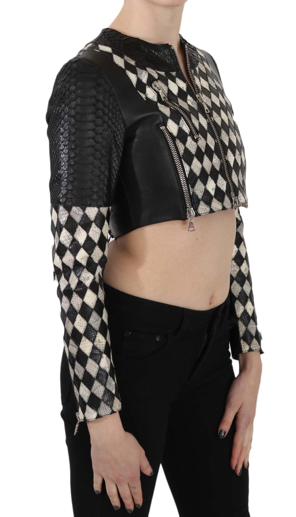 Black White Leather Short Cropped Biker Jacket Coat - coffeewithmee2John RichmondP2420S