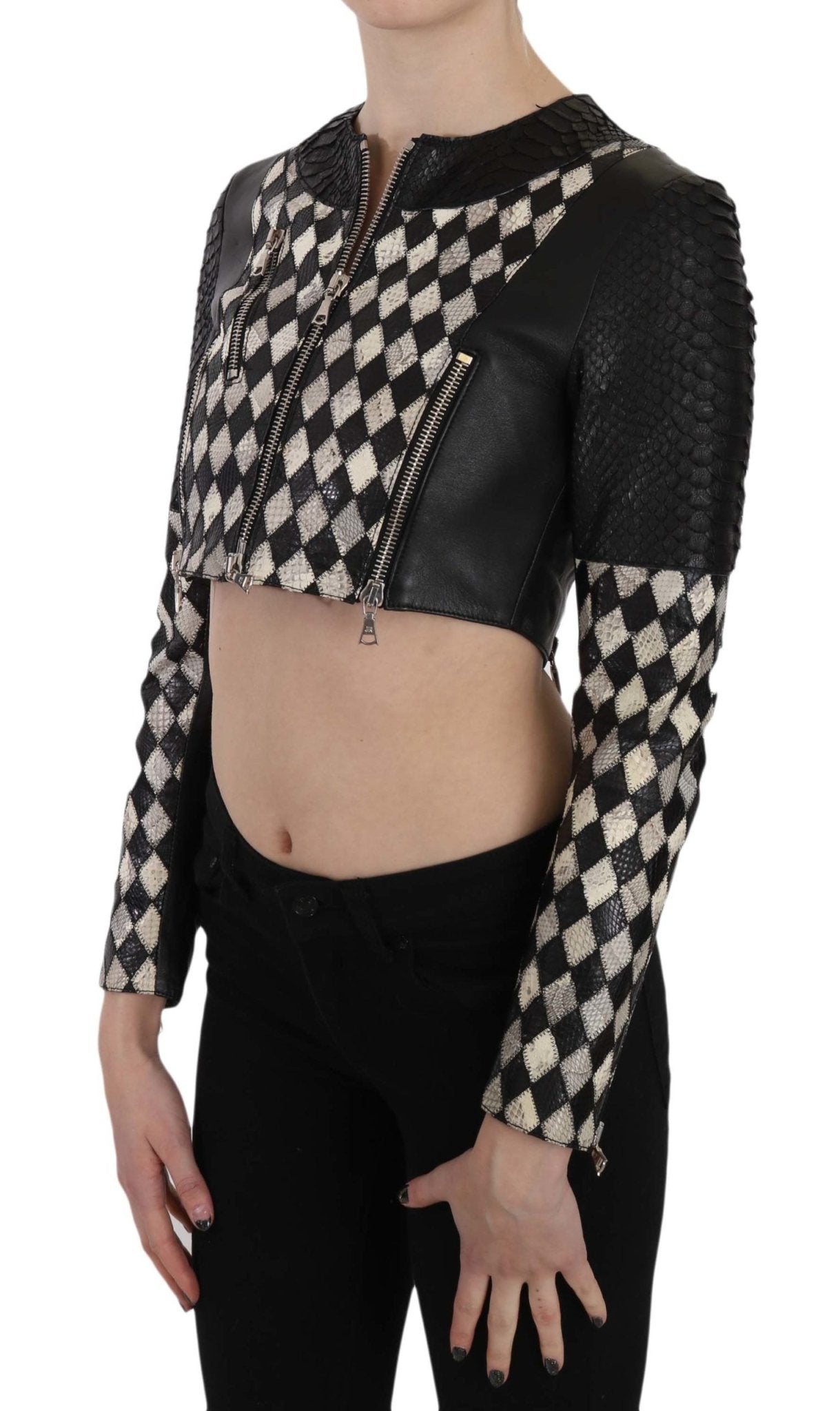 Black White Leather Short Cropped Biker Jacket Coat - coffeewithmee2John RichmondP2420S