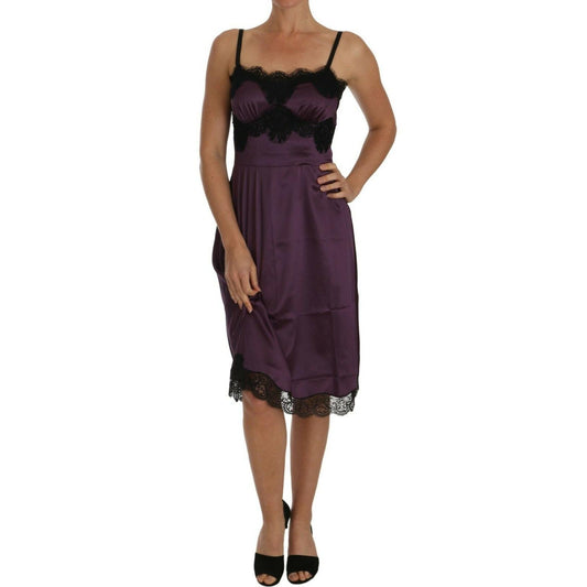 Purple Silk Stretch Black Lace A-Line Dress