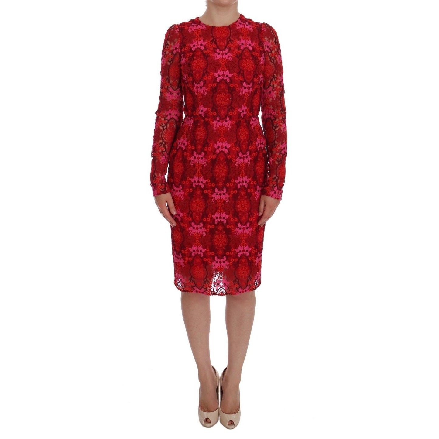 Red Floral Ricamo Sheath Long Sleeve Dress