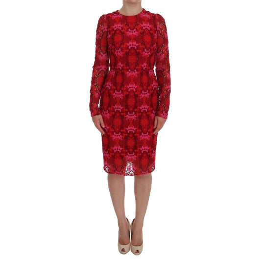 Red Floral Ricamo Sheath Long Sleeve Dress
