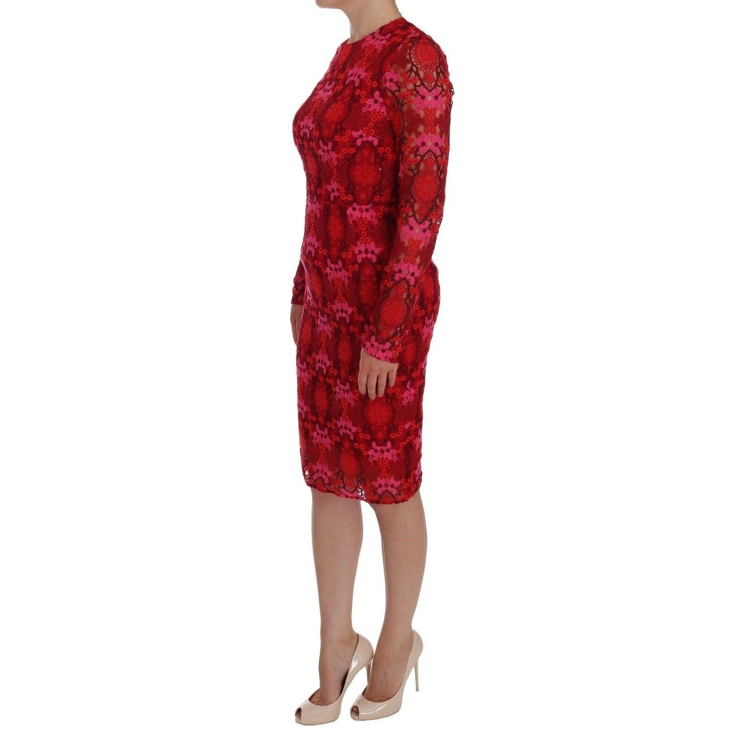Red Floral Ricamo Sheath Long Sleeve Dress