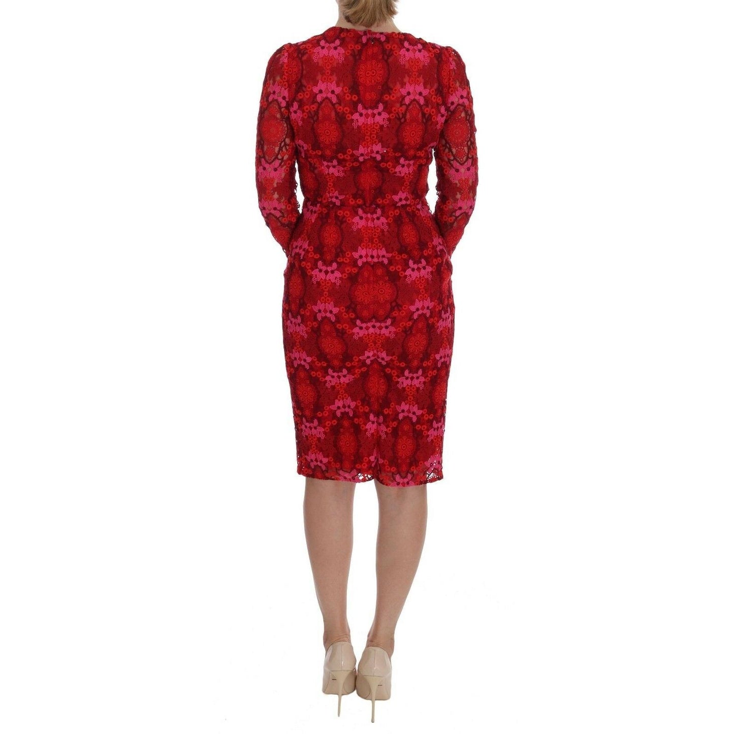 Red Floral Ricamo Sheath Long Sleeve Dress