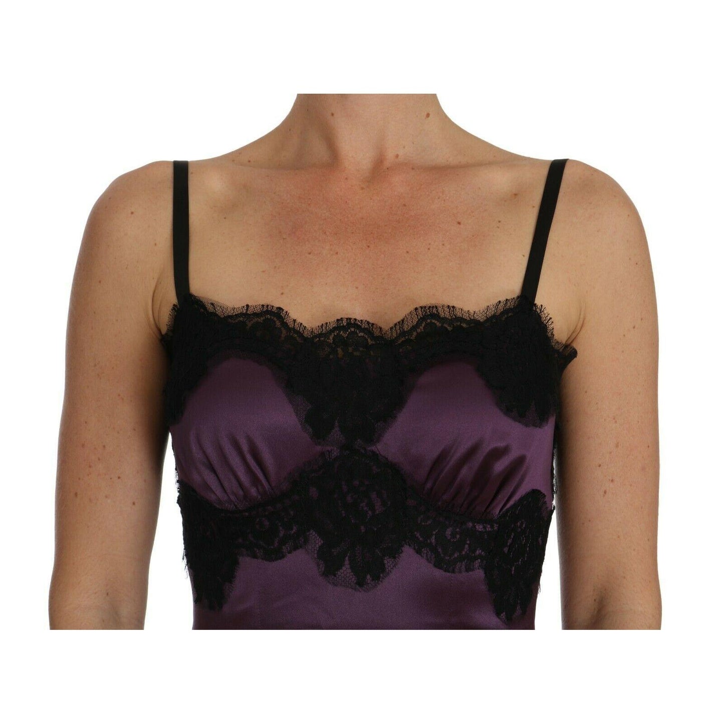 Purple Silk Stretch Black Lace A-Line Dress