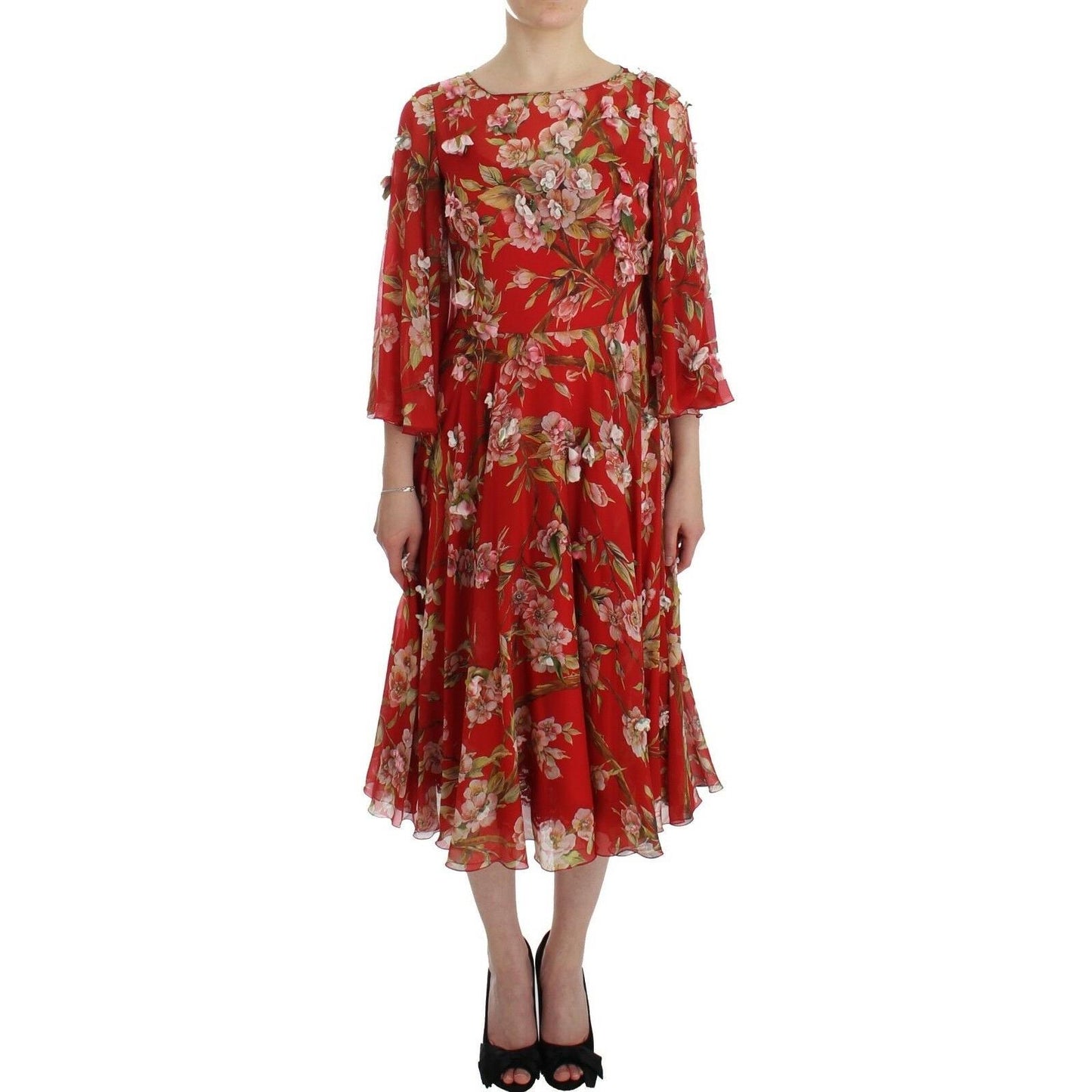 Red Floral Print Silk Maxi Runway Dress