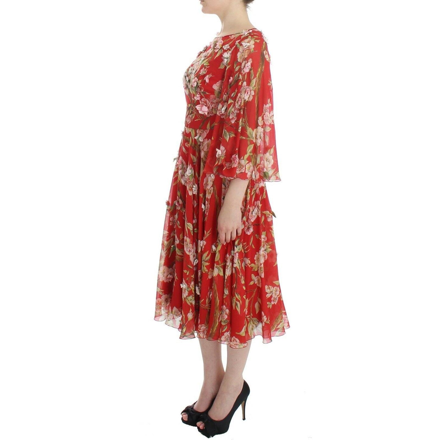 Red Floral Print Silk Maxi Runway Dress