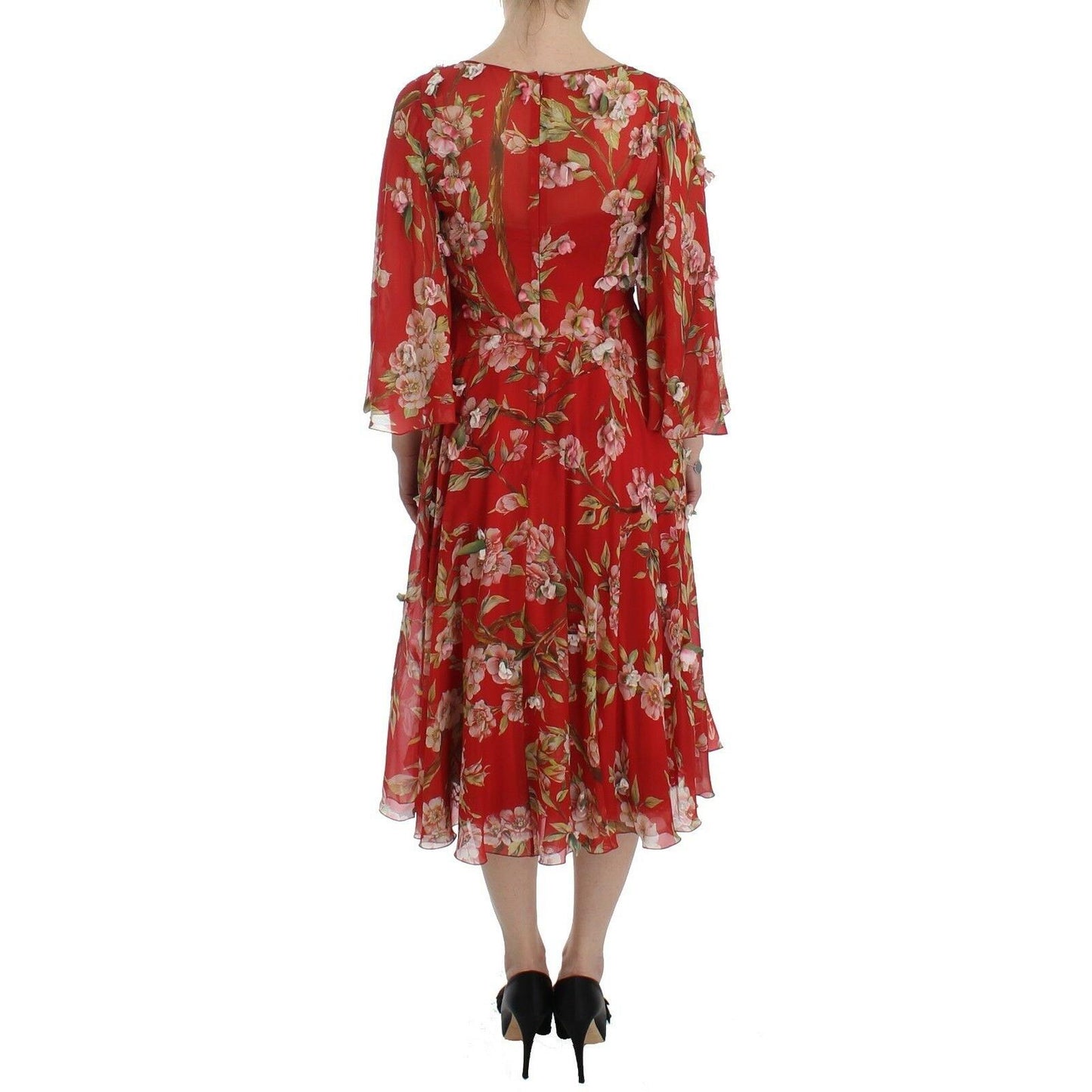Red Floral Print Silk Maxi Runway Dress
