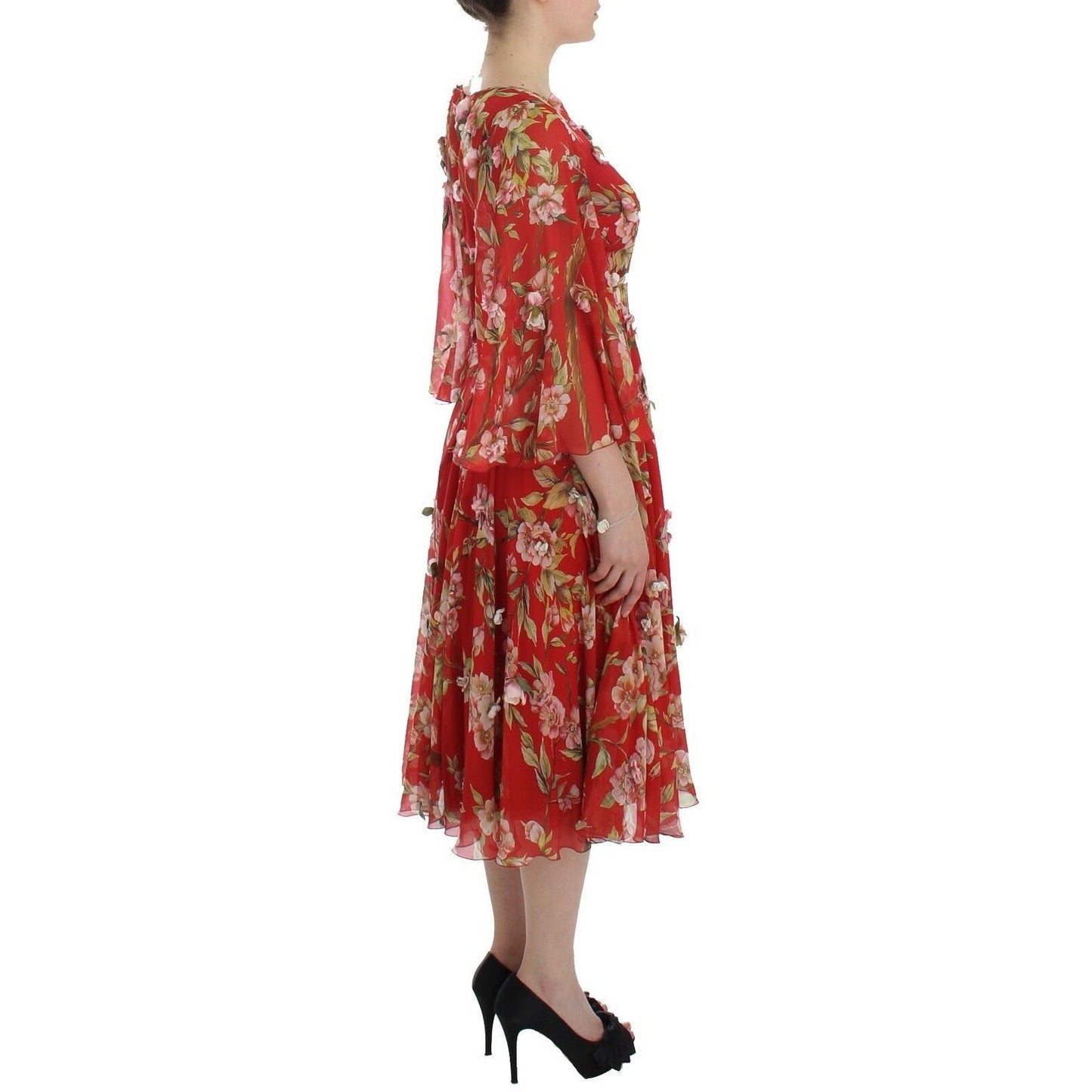 Red Floral Print Silk Maxi Runway Dress