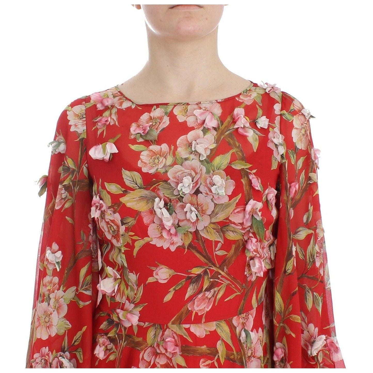 Red Floral Print Silk Maxi Runway Dress