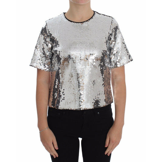 Silver Sequined Crewneck Blouse T-shirt Top