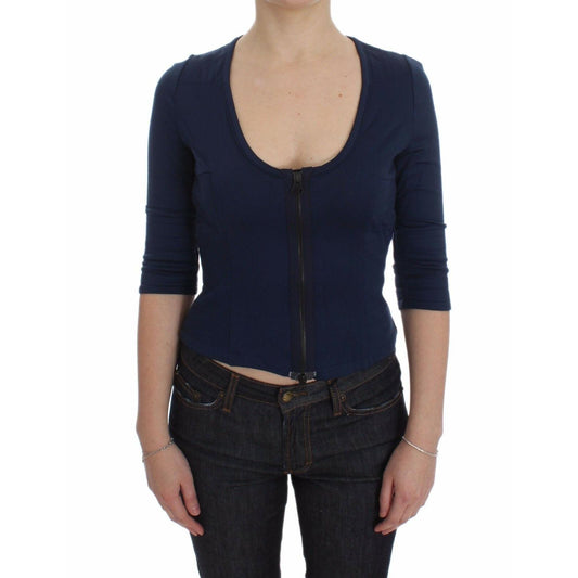 Blue Cotton Top Zipper Deep Crew-neck Sweater