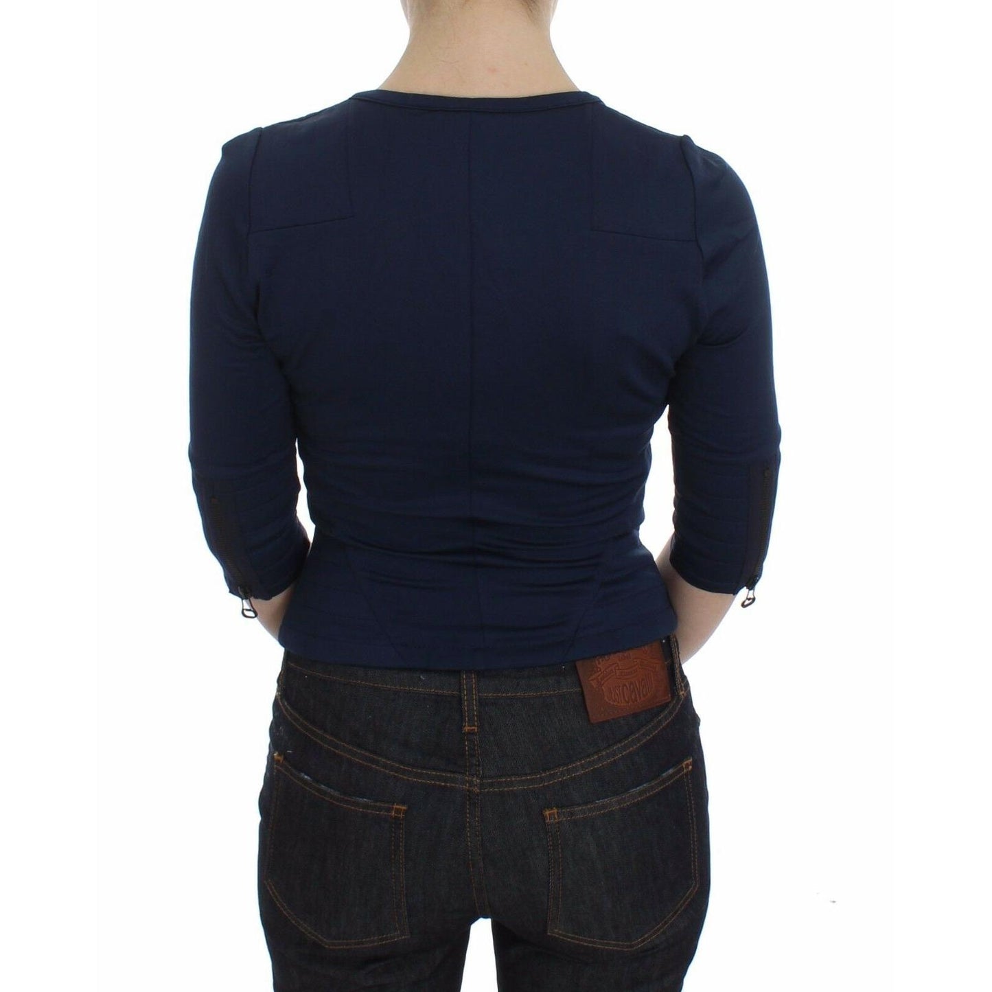 Blue Cotton Top Zipper Deep Crew-neck Sweater