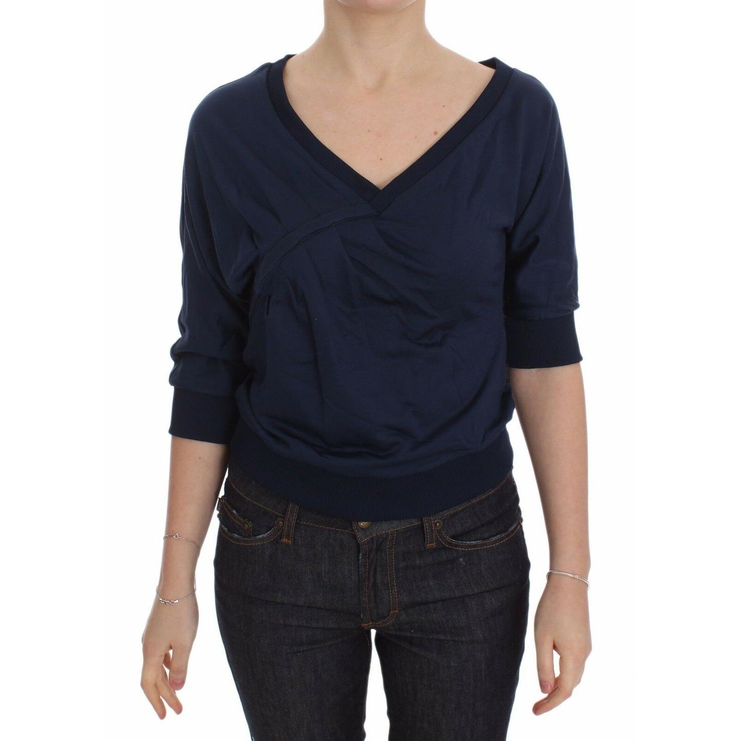 Blue Cotton Top Pullover Deep V-neck Women Sweater