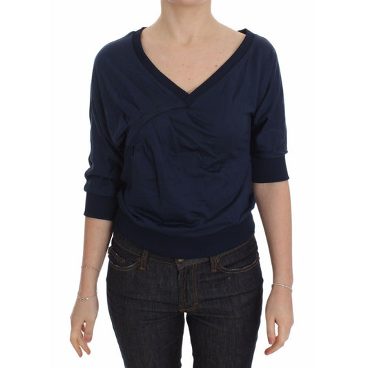Blue Cotton Top Pullover Deep V-neck Women Sweater