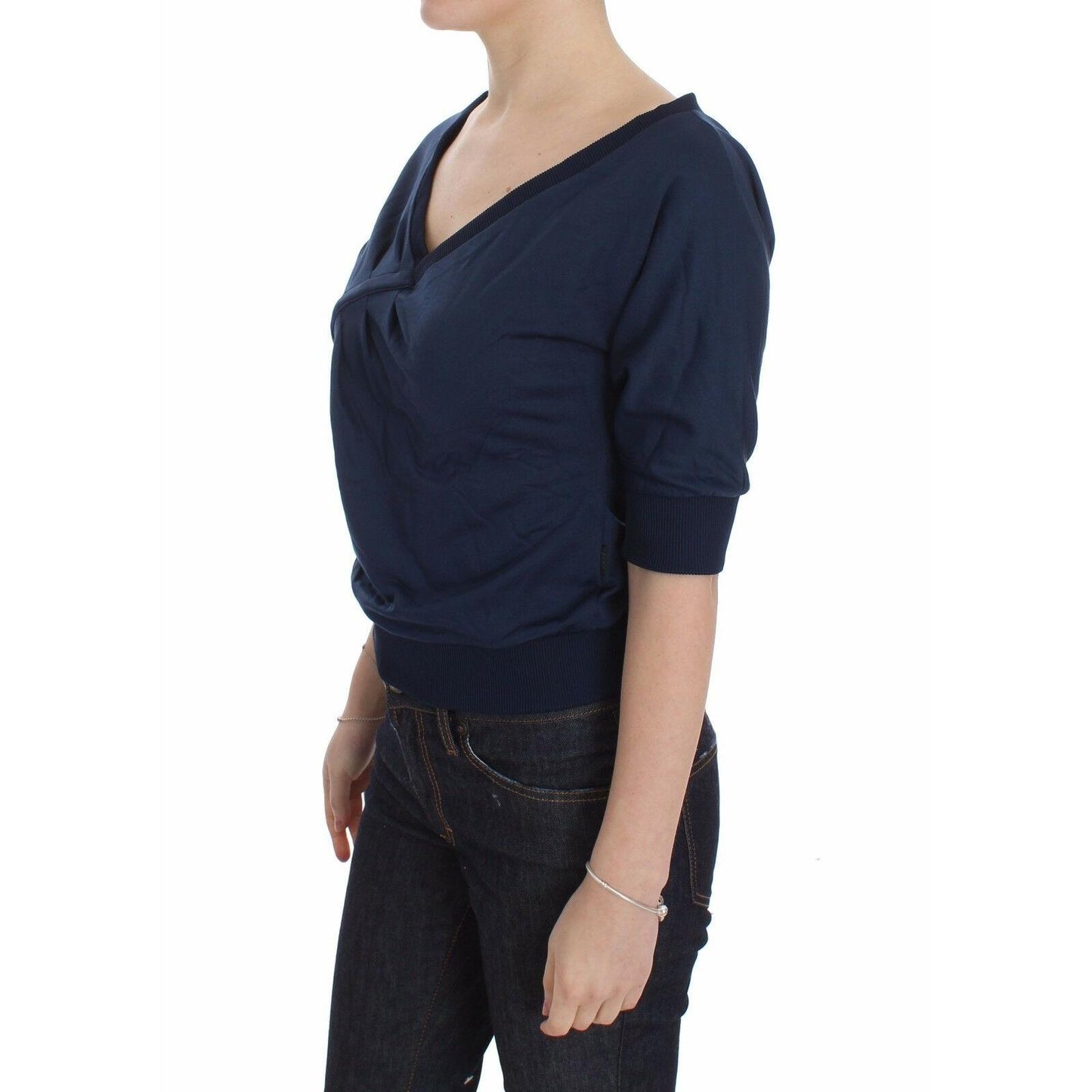 Blue Cotton Top Pullover Deep V-neck Women Sweater