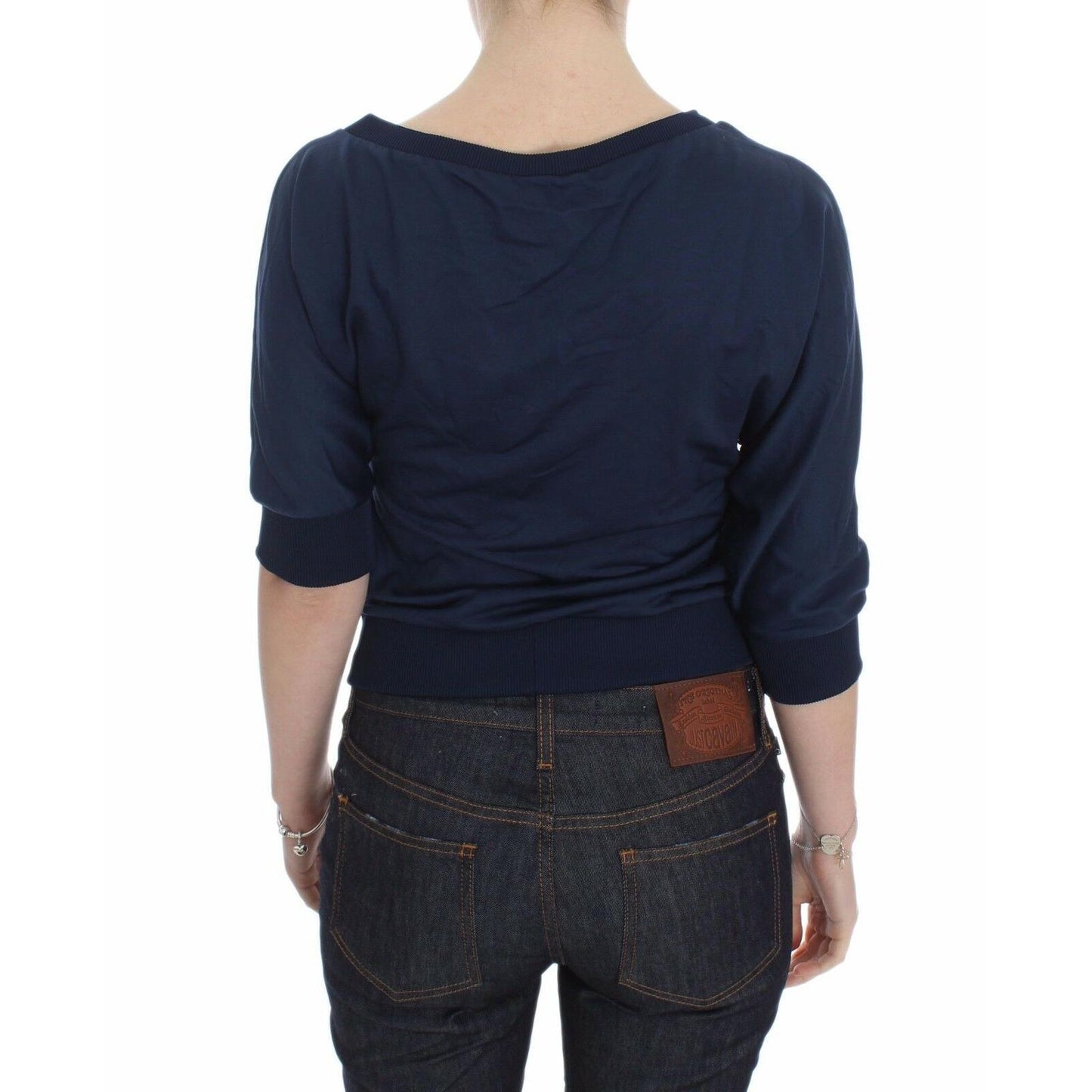 Blue Cotton Top Pullover Deep V-neck Women Sweater