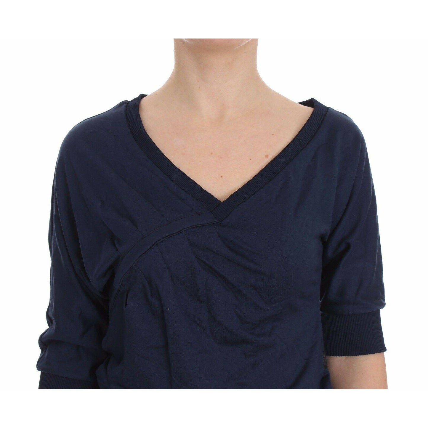 Blue Cotton Top Pullover Deep V-neck Women Sweater