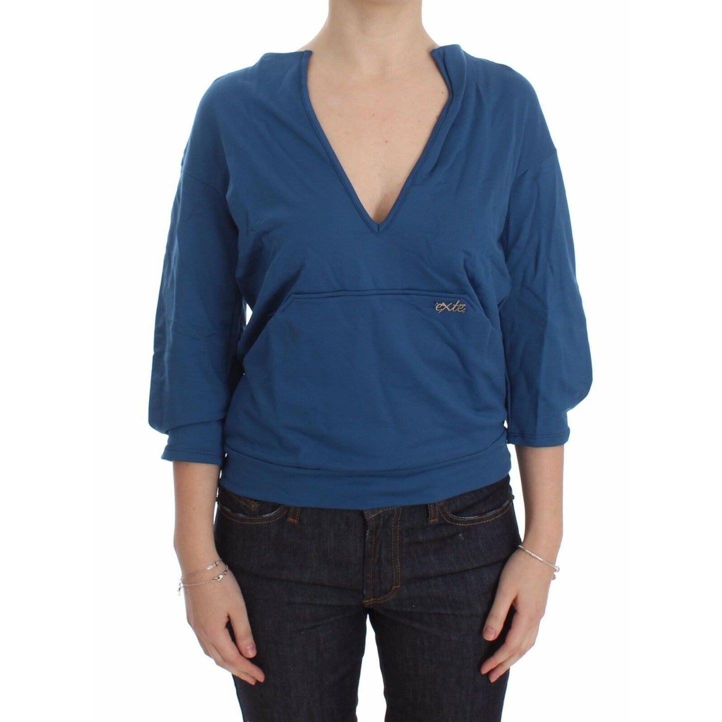 Blue Cotton Top Pullover Deep V-neck Women Sweater