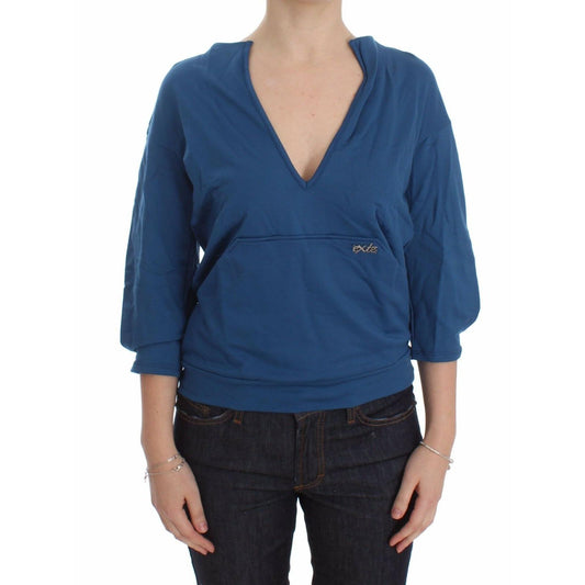 Blue Cotton Top Pullover Deep V-neck Women Sweater