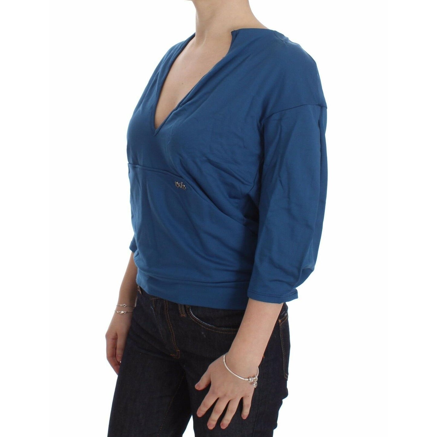 Blue Cotton Top Pullover Deep V-neck Women Sweater