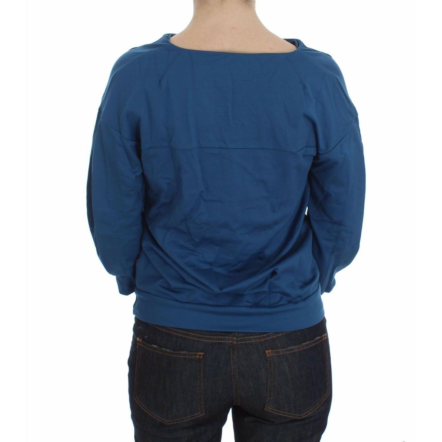 Blue Cotton Top Pullover Deep V-neck Women Sweater
