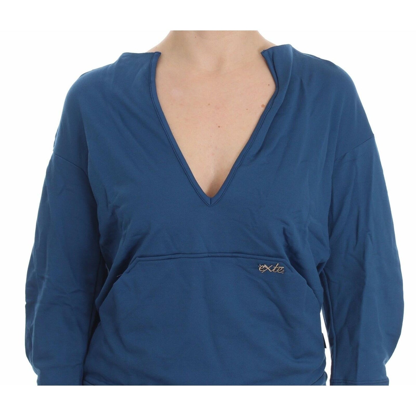 Blue Cotton Top Pullover Deep V-neck Women Sweater