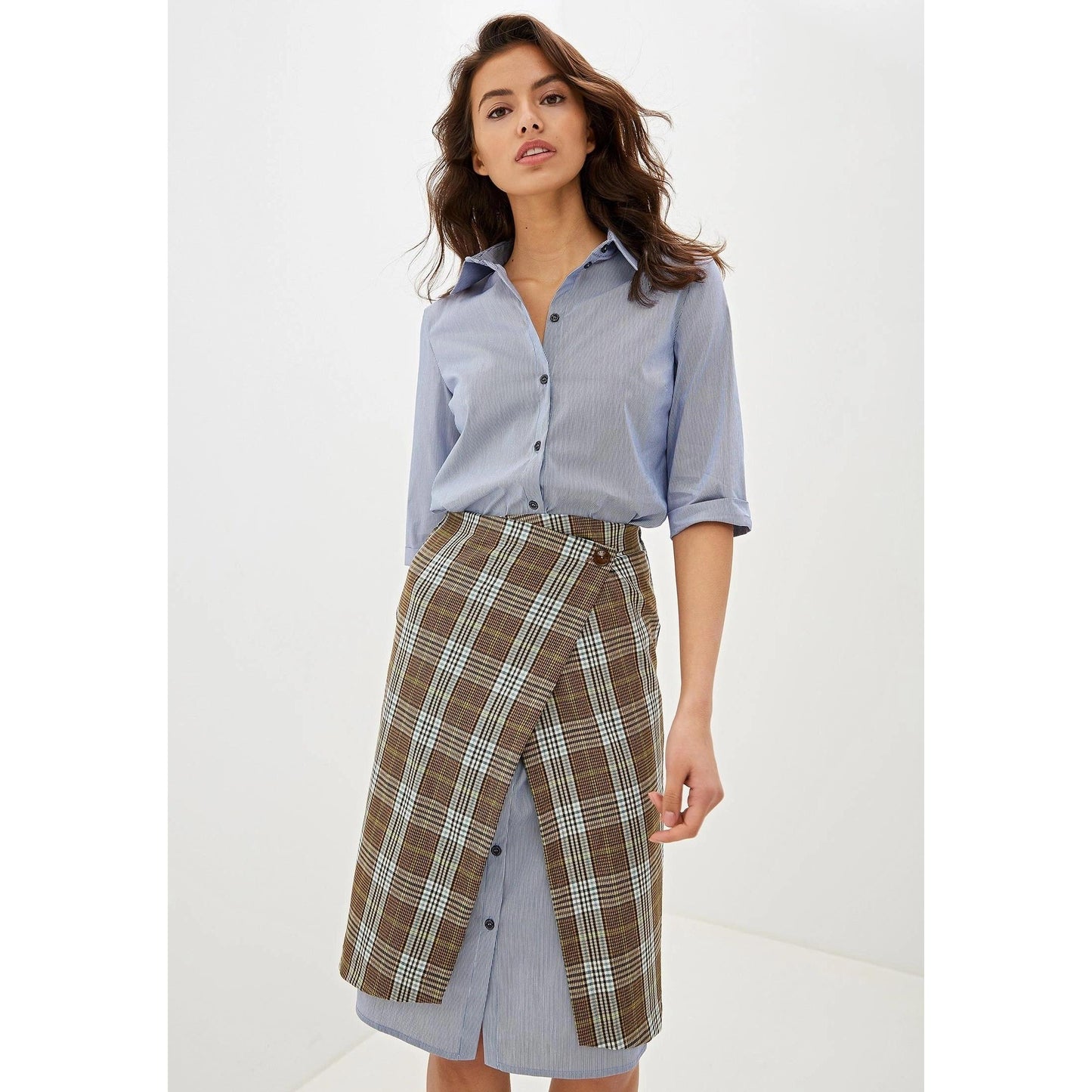 Light Blue Tartan Detail Long Dress